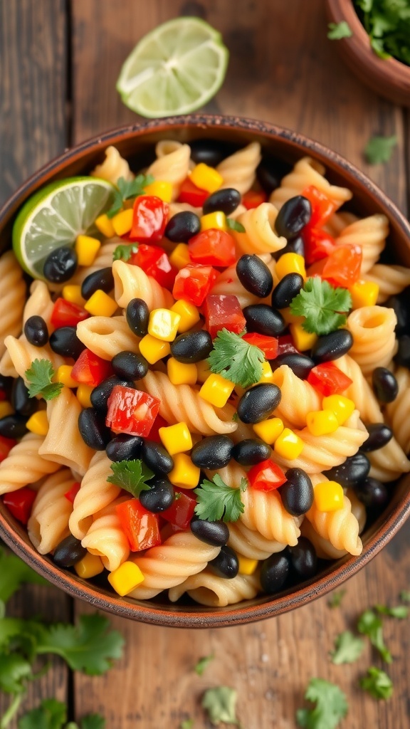 A colorful black bean and corn pasta salad with beans, corn, peppers, and cilantro in a rustic bowl.